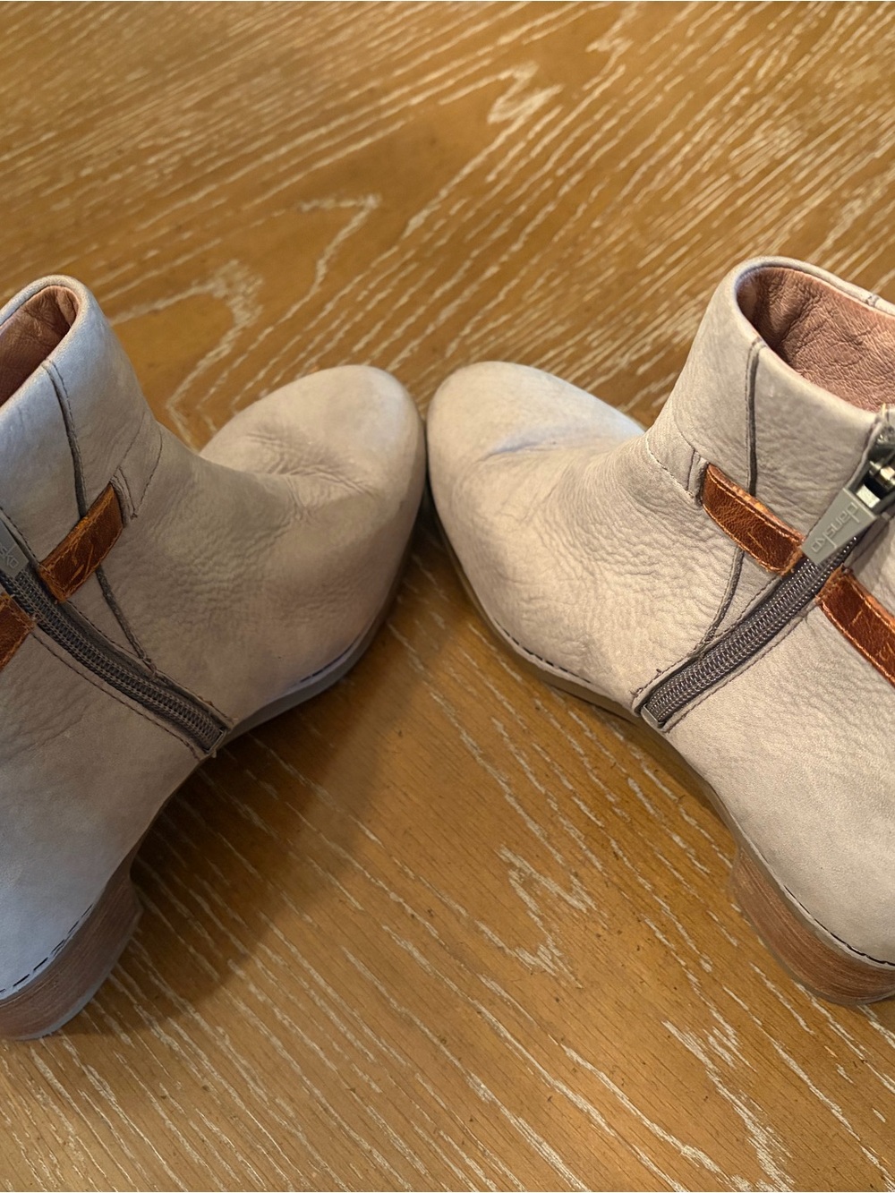 Dansko Light gray/ Taupe suede Leather Ankle Booties Zip ups